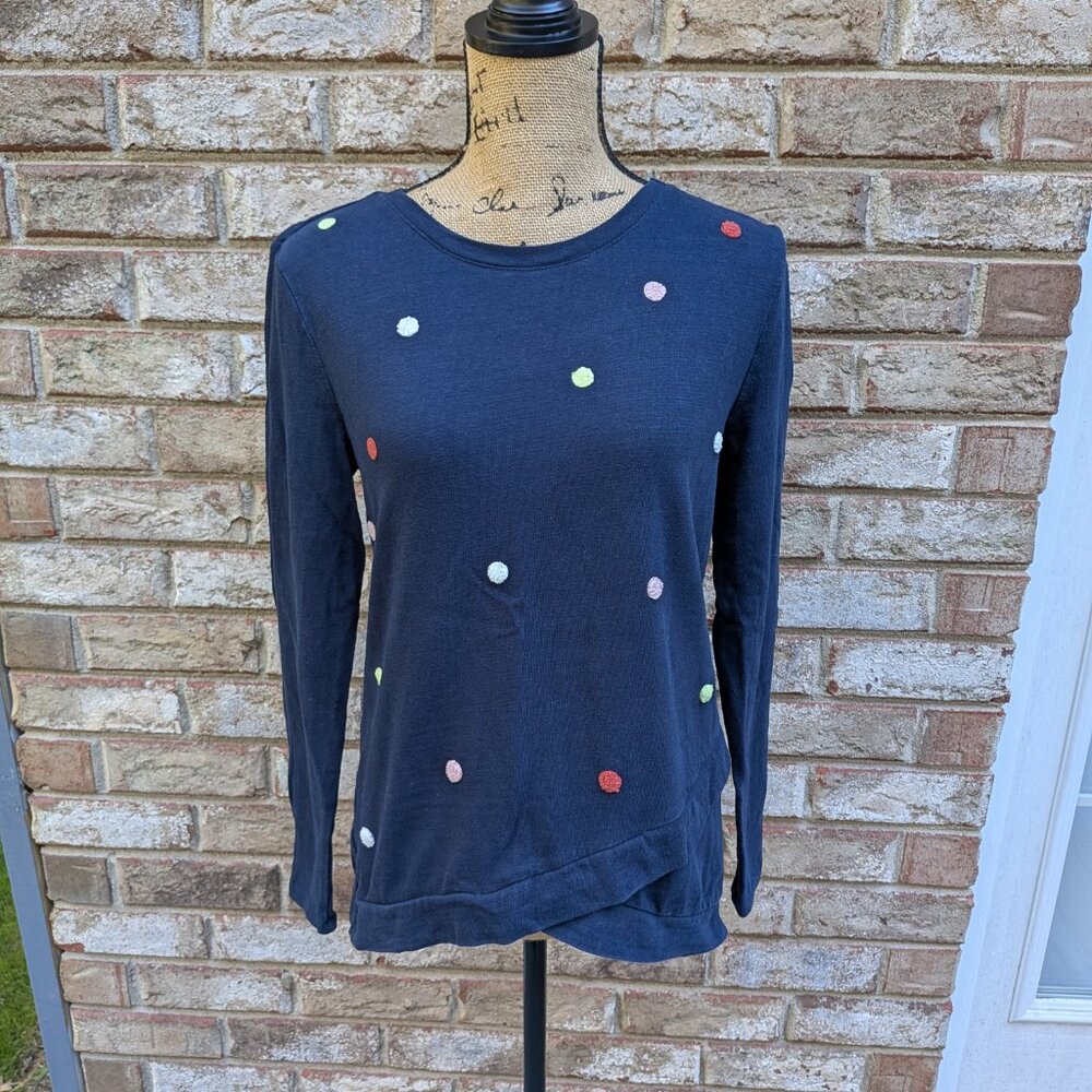 ⭐ LOFT Outlet Women's Size XS Navy Blue Embroidered Dot Crossover Tulip Hem Top